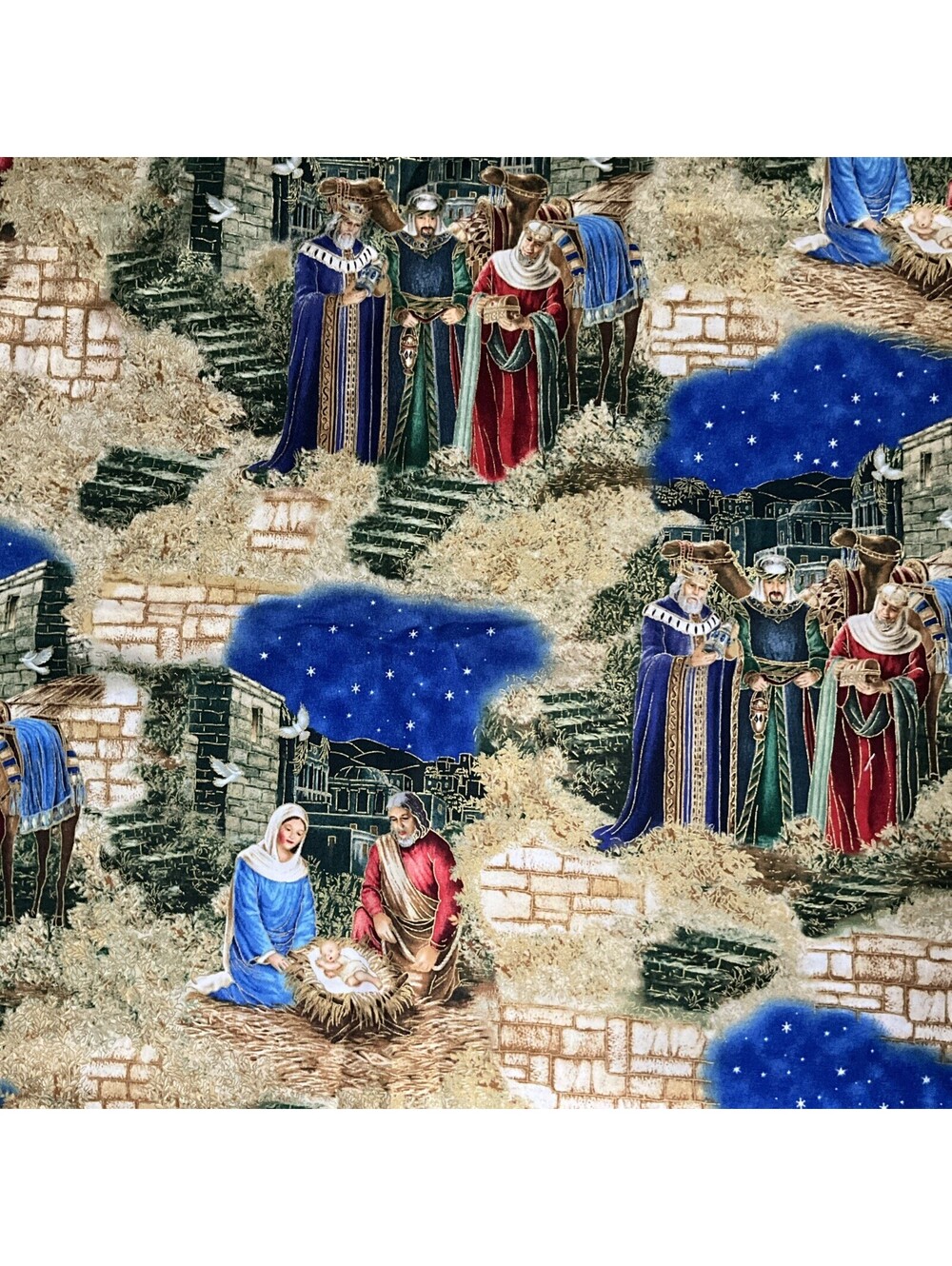 Nativity Scene Cotton Fabric LGD Studios VIP 1.8 Yards Gold Accent Christmas